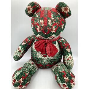Patchwork Christmas Bear With Red Ribbon 23 inches Tall Vintage
